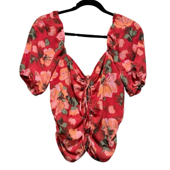 NWT H&M Womens Large Red Pink Puff Sleeve Ruched Tie Front Cropped Top - Picture 3 of 9